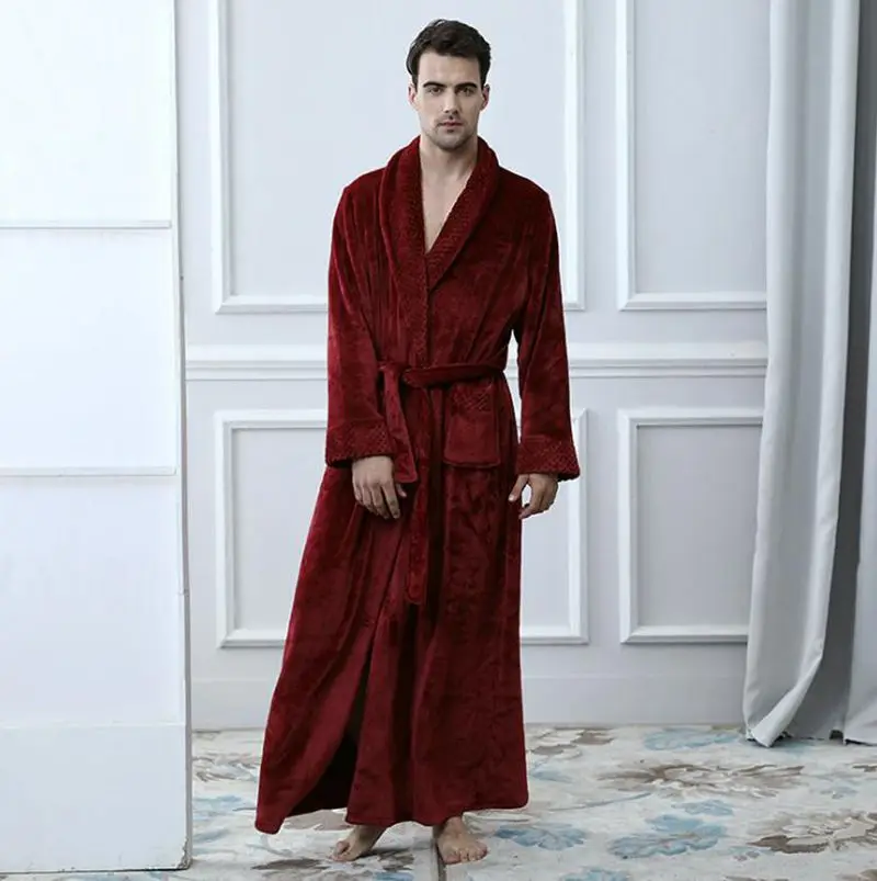 

Gray robe Thick Flannel Men Kimono Bath Robes Plus Size Nachthemd Winter Thermal Long Bathrobe Dressing Gown Warm Sleepwear