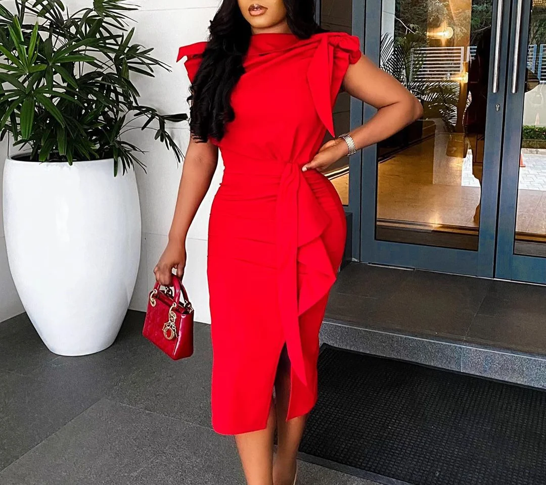 

Dresses Summer 2021 Ladies Sexy High Collar Dress For Wedding Party Formal Slim Solid Fashion Pencil Dress Red Slim Dress