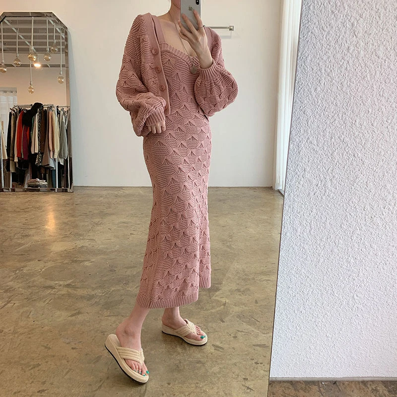 

2020 Spring autumn Korean elegant Knitted 2 Piece Set Women Single-breasted Short Sweater Coat + Spaghetti Strap Dress TZ534