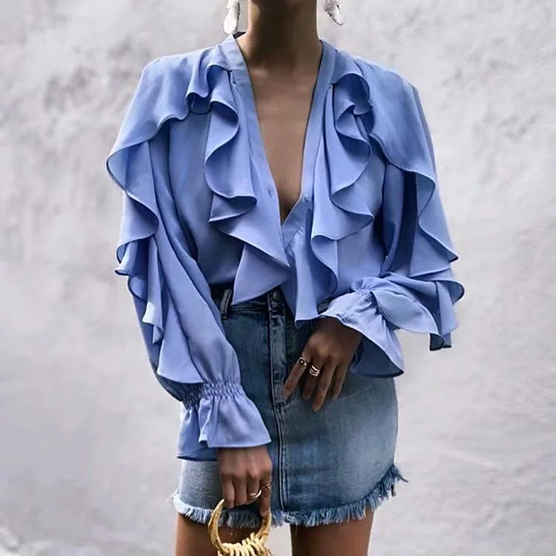 Винтажные стильные шифоновые топы с оборками женские блузки мода 2019 v образный