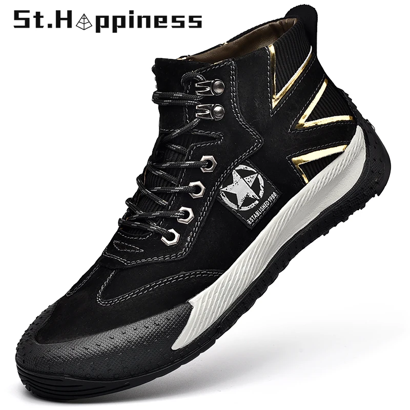 

Мужские кожаные ботинки на шнуровке, черные классические повседневные мотоциклетные ботинки с высоким верхом, Нескользящие кроссовки, бол...