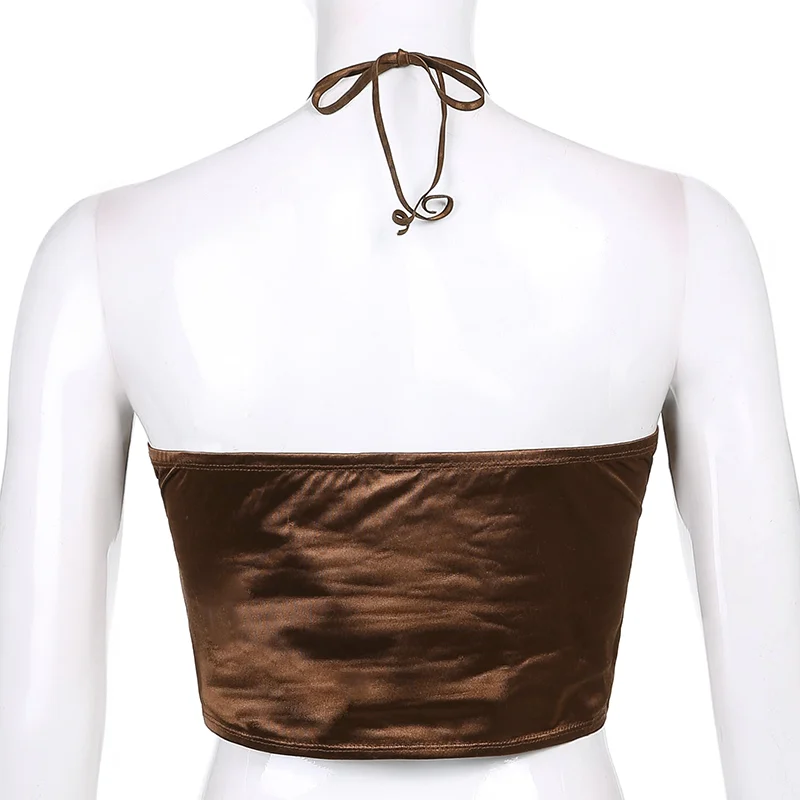 

Women Summer Backless Cami Tops Tees Ladies Fitness Camisole Party clothes punk mall bar Halter Crop Top Sexy Strappy Brown Y2K
