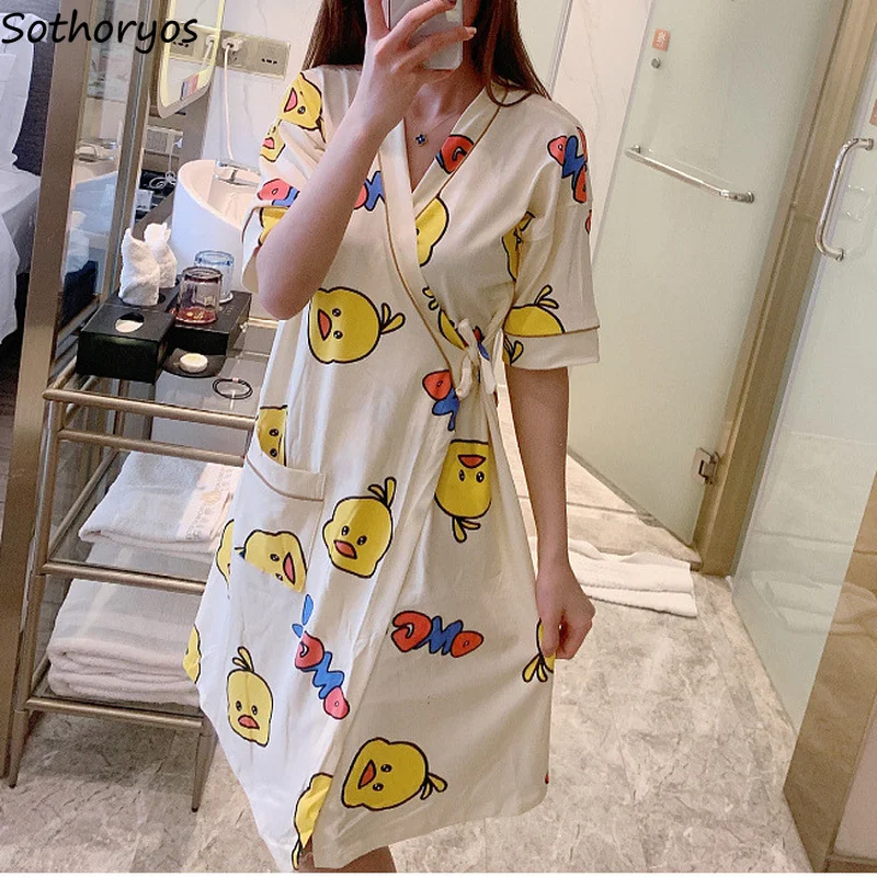 

Women Robes Print Short Sleeve Fashion Loose Leisure Elegant Female Teenagers Retro Lace-up Sexy Cotton Comfortable Sleepwear