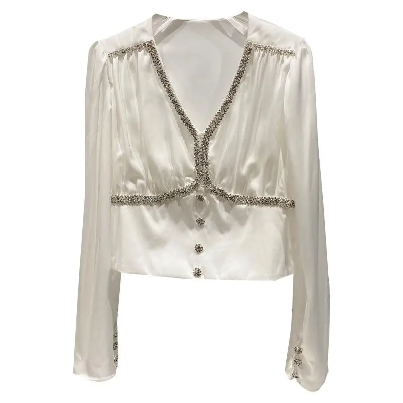

2021 Spring And Summer New Diamond Edge Design V-neck Super Long Sleeve Mercerized Cotton Short Shirt