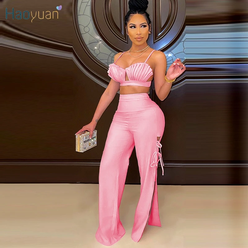 

Летняя одежда HAOYUAN, комплект из 2 предметов, короткий топ с открытыми плечами, бандажные широкие брюки, сексуальная клубная одежда Y2k, подходя...
