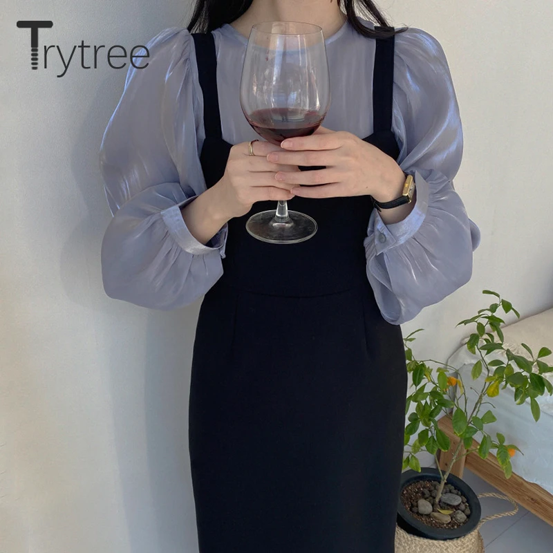 

Trytree 2022 SS Женский комплект из двух предметов, повседневная однотонная блестящая блузка с пышными рукавами + облегающее платье на бретельках,...