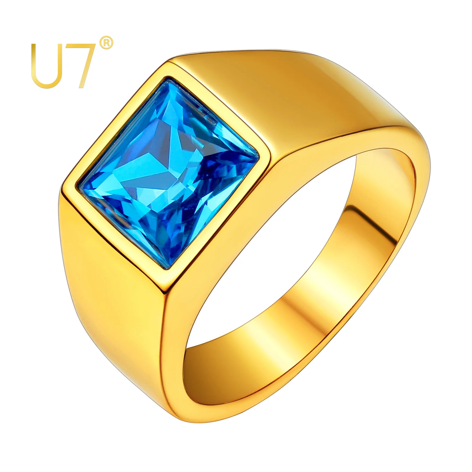 

U7 Men Personalized Signet Rings Stainless Steel Ring with Square Gemstone Birthstones Size 7-14