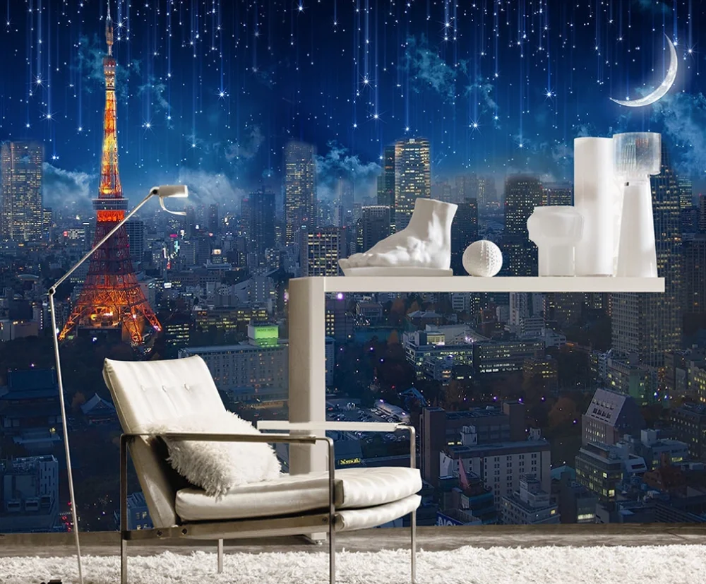 3d фотообои на заказ Настенные обои с изображением Парижа башни ночного неба