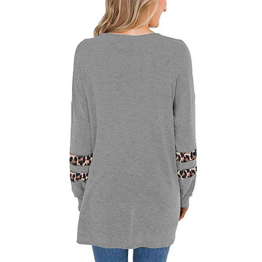 Женская футболка с длинным рукавом и круглым вырезом леопардовым принтом |