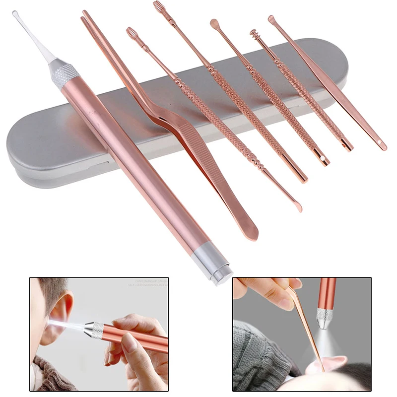 

7pcs/set LED Ear Wax Pickers Stainless Steel Earpick Wax Remover Ear Pick Cleaner Ear Cleaner Spoon Care Ear Clean Tool