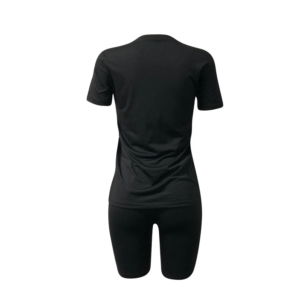 

Women Fashion Letter Printed Clothes Set T-Shirt Tees Tops + Bodycon Stretchy Shorts Lady Summer Casual Gym Sport Fitness Outfit