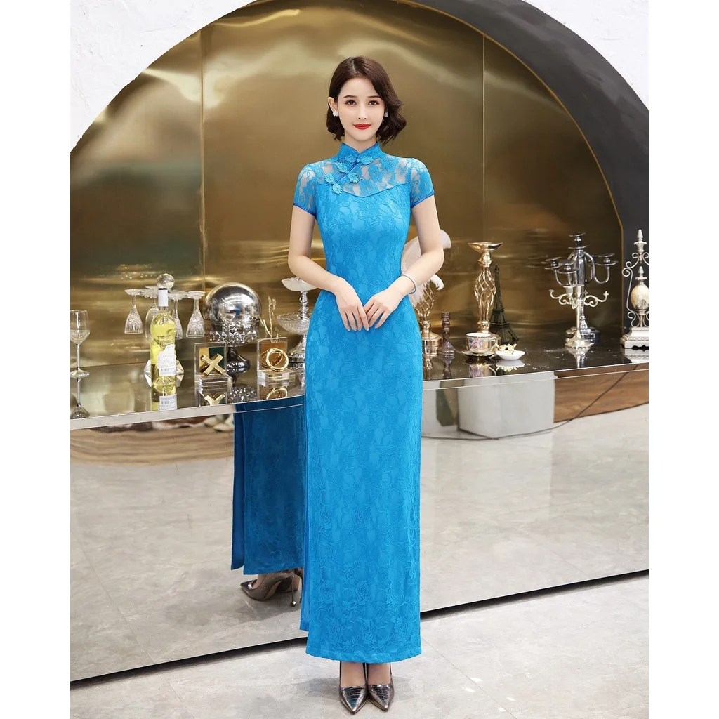 Женское кружевное платье-Ципао синее элегантное приталенное винтажное длинное