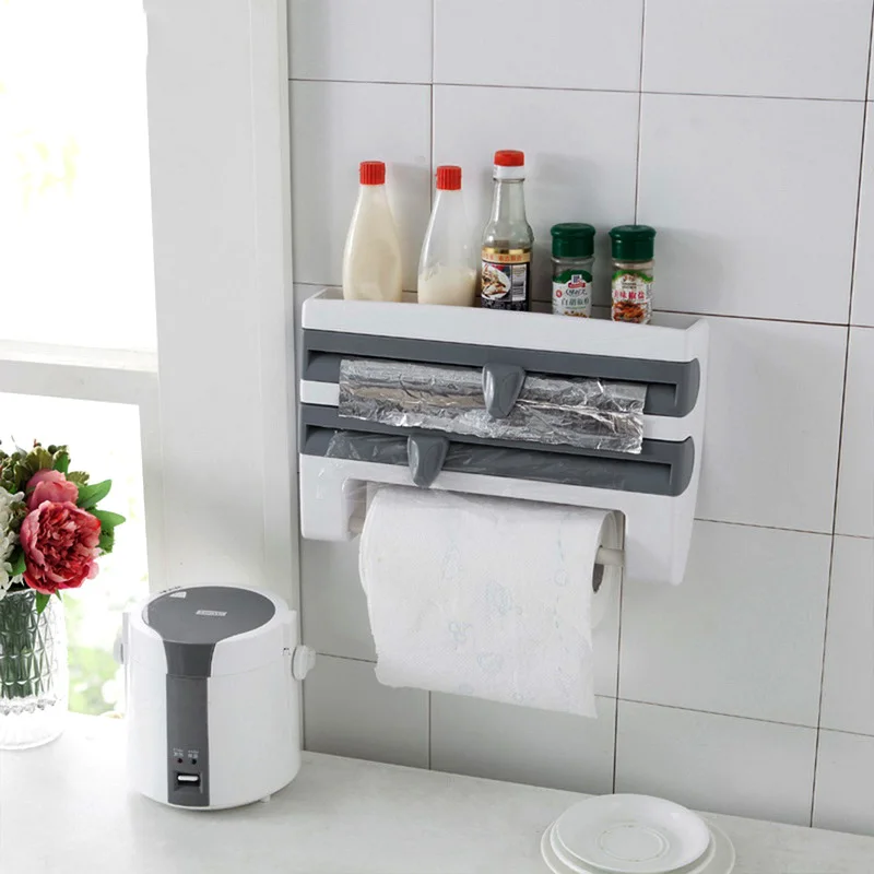 

Wall-Mount 4 In 1 Paper Towel Holder Sauce Bottle Storage Rack ABS Film Cutter Mutifunction Kitchen Tin Foil Rack Organizer