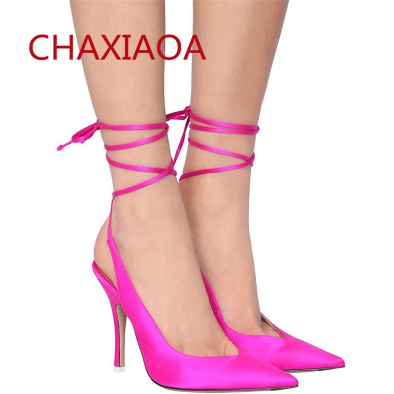 

CHAXIAOA 2021 Summer Woman Sandals Pointed Toe Sexy High Heels Pumps Cross-tied Silk Women Party Shoes Woman Slingbacks Sandals