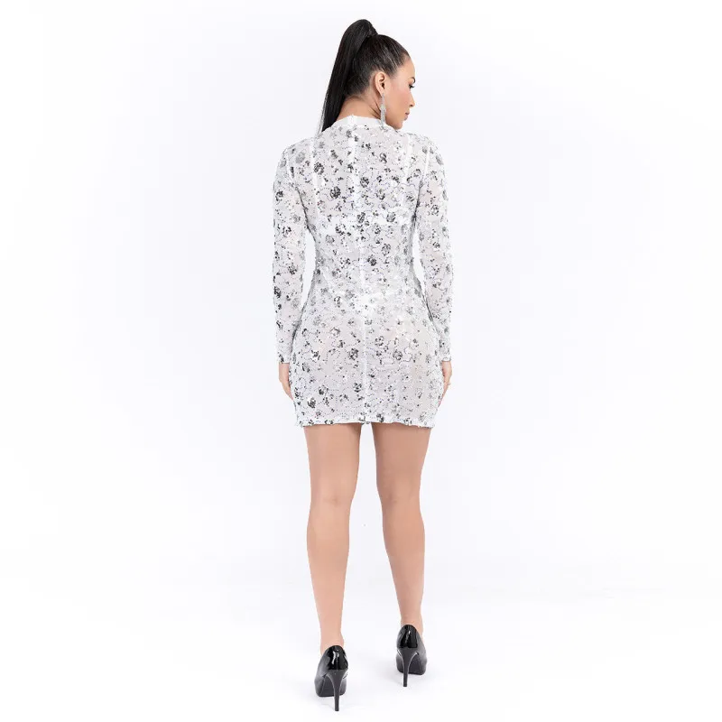 

Women Solid Color Floral Print Sheer Mesh Dress Long Sleeve See Through Sequined Mini Dress