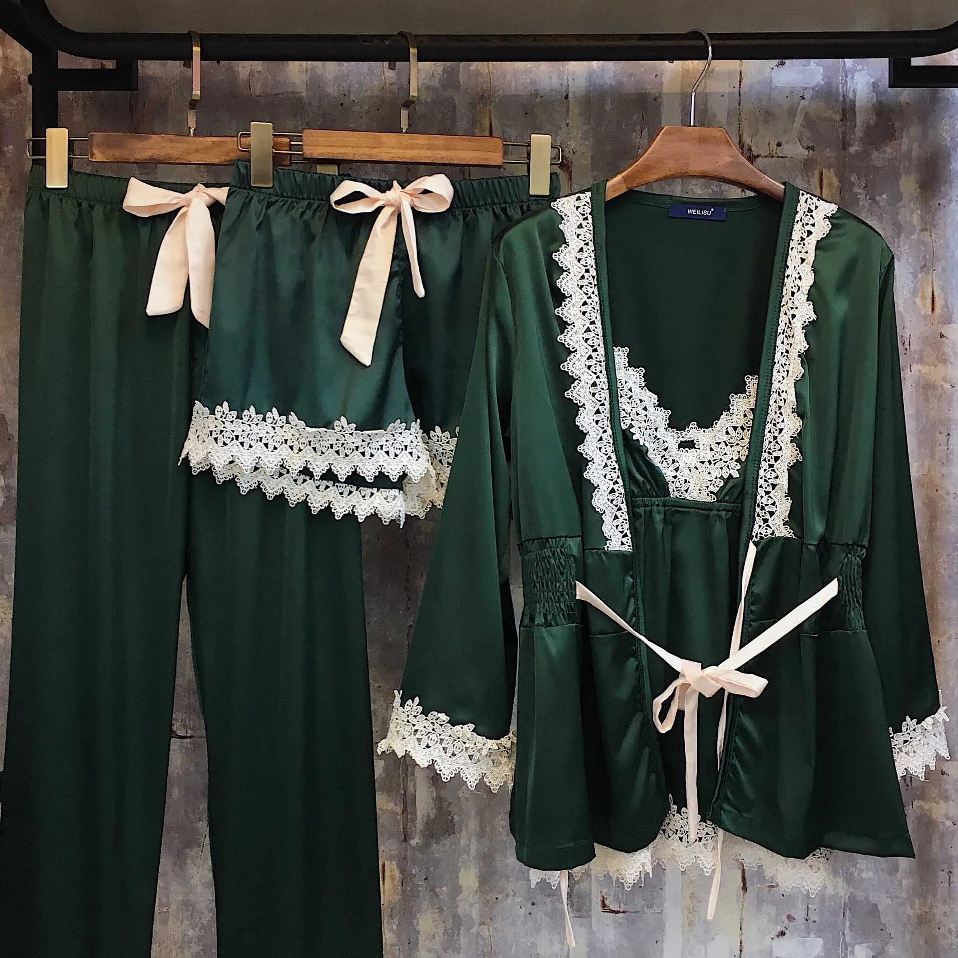 Халат женский с длинным рукавом комплект из 4 предметов пикантная шелковая