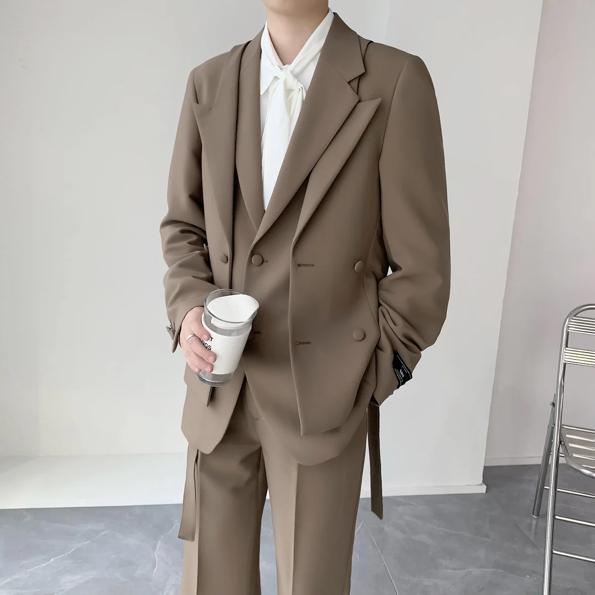 

OIMG Trendy male fashion suit fake two-piece suit design loose suit two-piece suit male god suit