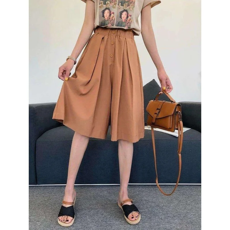

Summer 2023 Elastic High Waist Casual Wide Leg Short-pants Loose 4XL Solid Knee-length Shorts Skirts for Women Y103