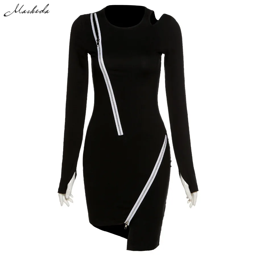 

Spring Black Bodycon Dress Women Fashion Zipper Long Sleeve O Neck Clothing Y2K Lady Street Sexy Mini Dresses 2021 New