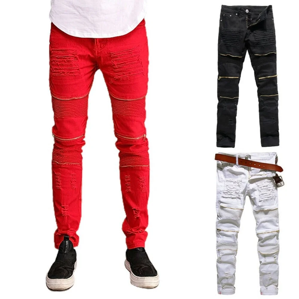 

Ripped Skinny Jeans Mens Plain Stretch Slim Fit Distressed Denim Pants Trousers