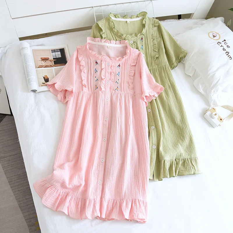 

Summer Cotton Gauze Japanese Soft Girl Nightdress Women Lovely Thin Short-sleeved Nightgowns Solid Home Clothes Sleeping Dress