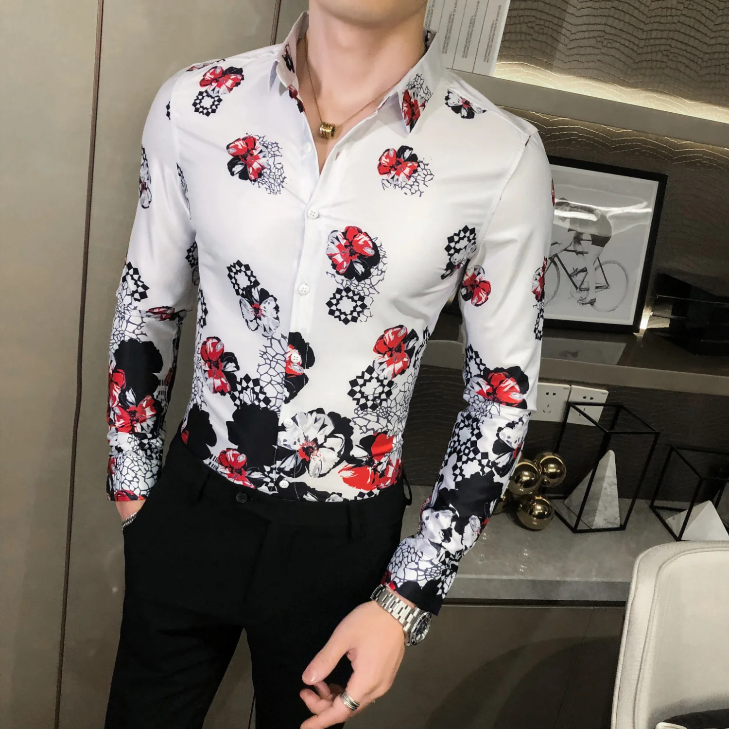 

Camisa Hombre Luxury Men Flower Shirt Fashion Autumn Floral Shirt Korean Slim Fit Casual Long Sleeve Night Club Men Social Shirt