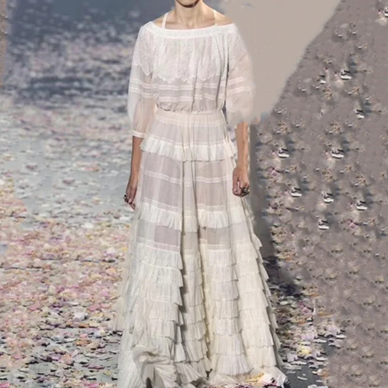 Женское кружевное платье макси с открытыми плечами белое длинное вечернее