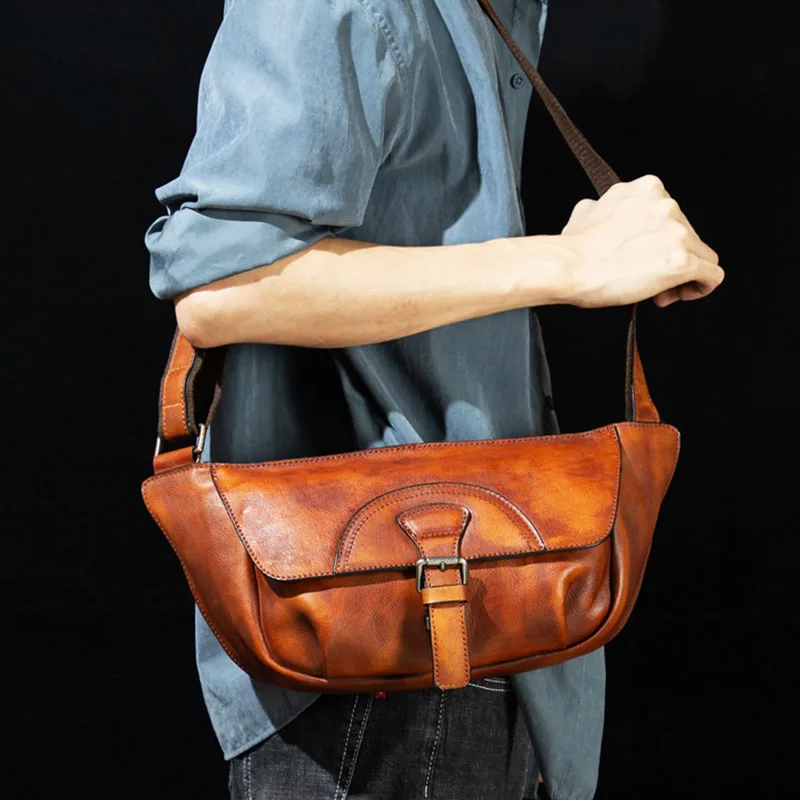 Handmade vegetable tanned leather messenger bag, fashion trend cowhide men's chest bag, casual all-match shoulder bag