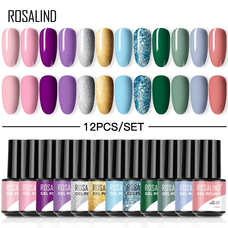 

ROSALIND 12pcs Nail Polish Set 7ml Glitter Matte Gel Nail Polish All For Manicure Semi Permanent Soak Off UV LED Gel Nail Kit