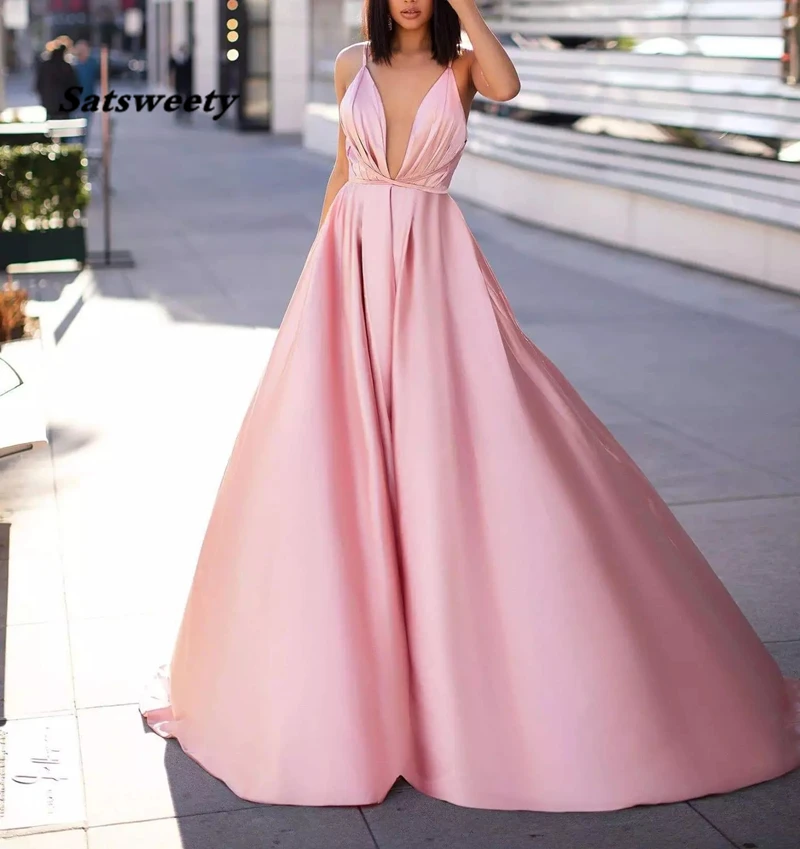 

Sexy Pink A-Line Prom Evening Dresses 2021 Vintgae Spaghetti Backless Formal Party Gown Cheap Plus Size V-Neck вееѬние плая