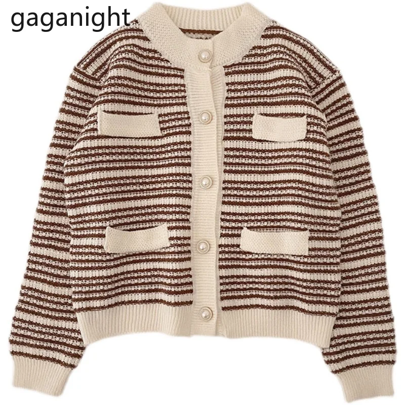 

Gaganight винтажный Женский вязаный зимний Кардиган жемчужный женский модный Повседневный Свободный кардиган полосатый шикарный корейский Ка...