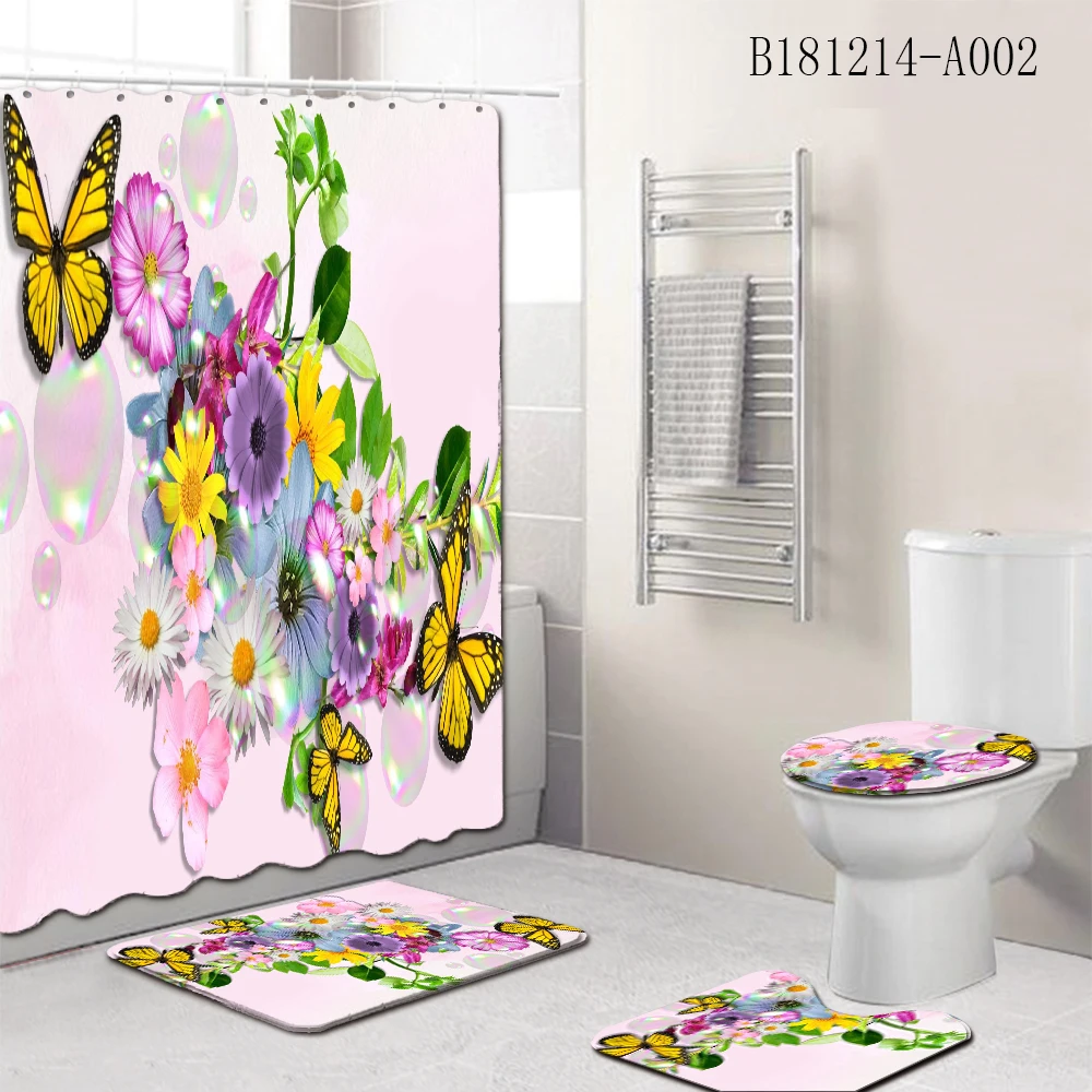 

4pcs/set Floral Shower Curtain Bath Mat Toilet Pad Set Non-slip Toilet Bathroom Decor Carpet Waterproof Shower Curtain Set