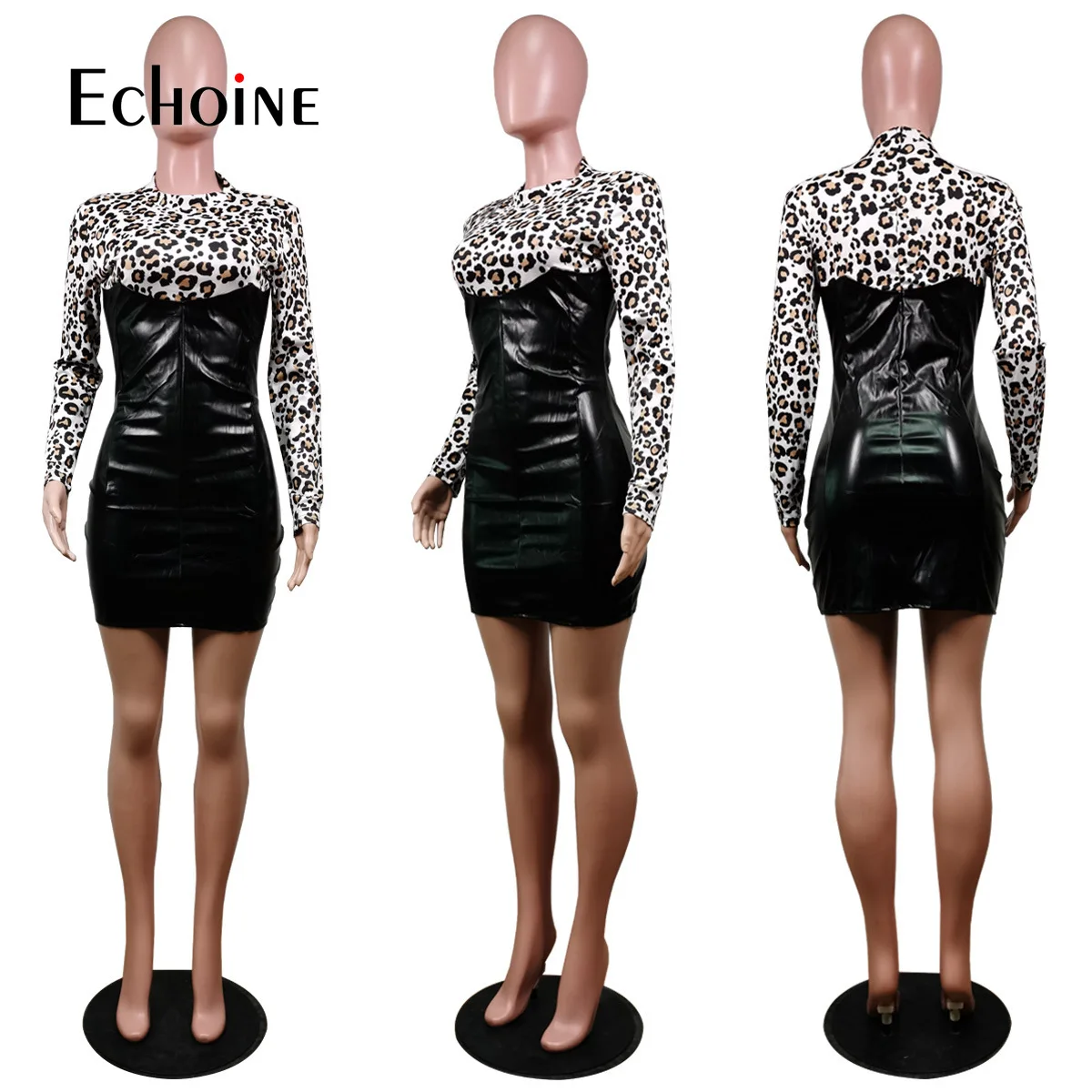 

Echoine Women Sexy Leopard Print Dress Long Sleeve Patchwork Pu Leather Vintage Bodycon Mini Party Club Dresses Vestidos