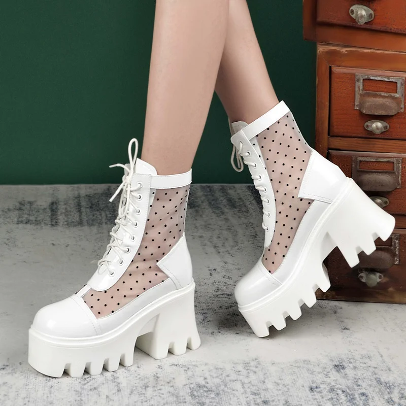 

Heels High Ankel Cute Polka Dot Mesh Breathable Summer Cool Martin Boots Women Thick Soles Platform Shoes Woman Botines