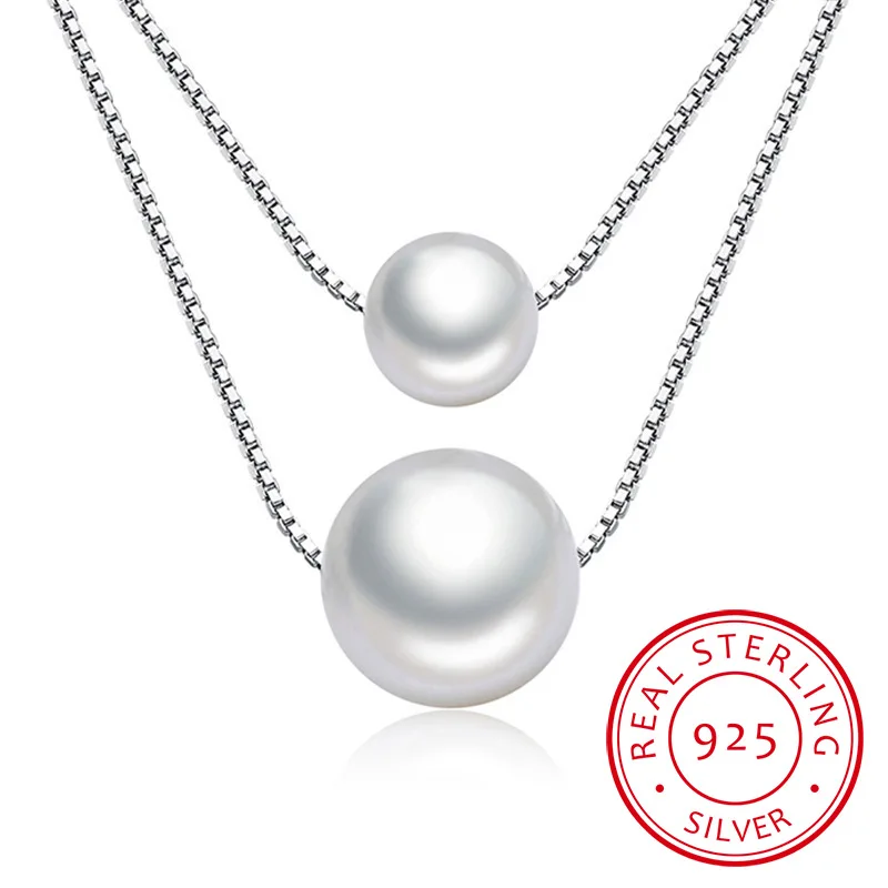 925 Sterling Silver Necklace Double Layer Chain Real Pearl Choker &amp Pendant For Women kolye collares choker S-N156 | Украшения и