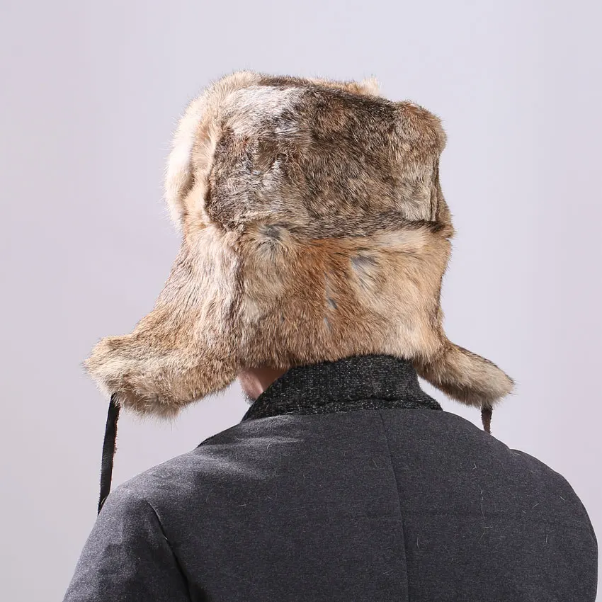 ICYMI Thick Warm Bomber Hat Men Real Rabbit Fur Earflap Trapper Russian Cap Male Plus Size Winter Hats for Men Ski Russian Hat