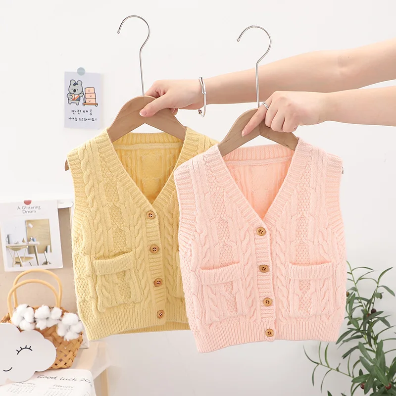 

Baby Girls Sweaters Boys Solid Sleeveless Pullover Vest Children Cardigans Knitted Flowers Kids Toddler Fashion Autumn Outerwear