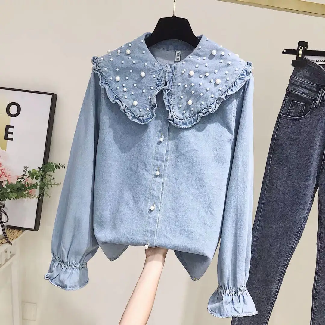

Fashion New Big Lapel Decline Loose Flare Sleeve Ruffled Casual Denim Shirt