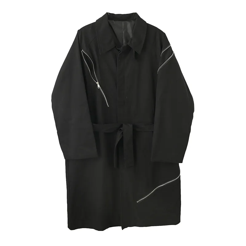 

Functional multi zipper decoration casual loose stand collar windbreaker autumn versatile dark temperament medium long thin coat