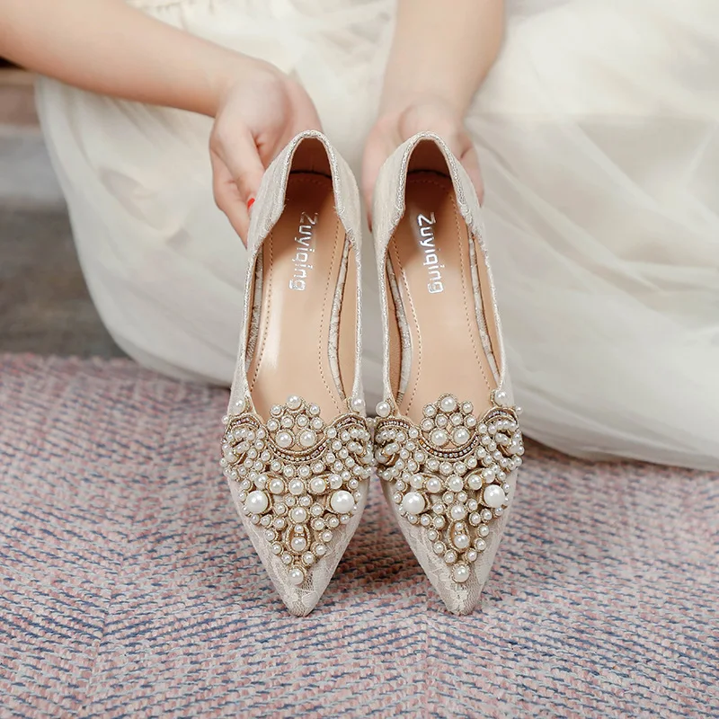Designer Beads wedding shoes women 2021 lace embroider flats woman ballerina pointed toe pearl loafers sneakers plus size 35-43 | Обувь