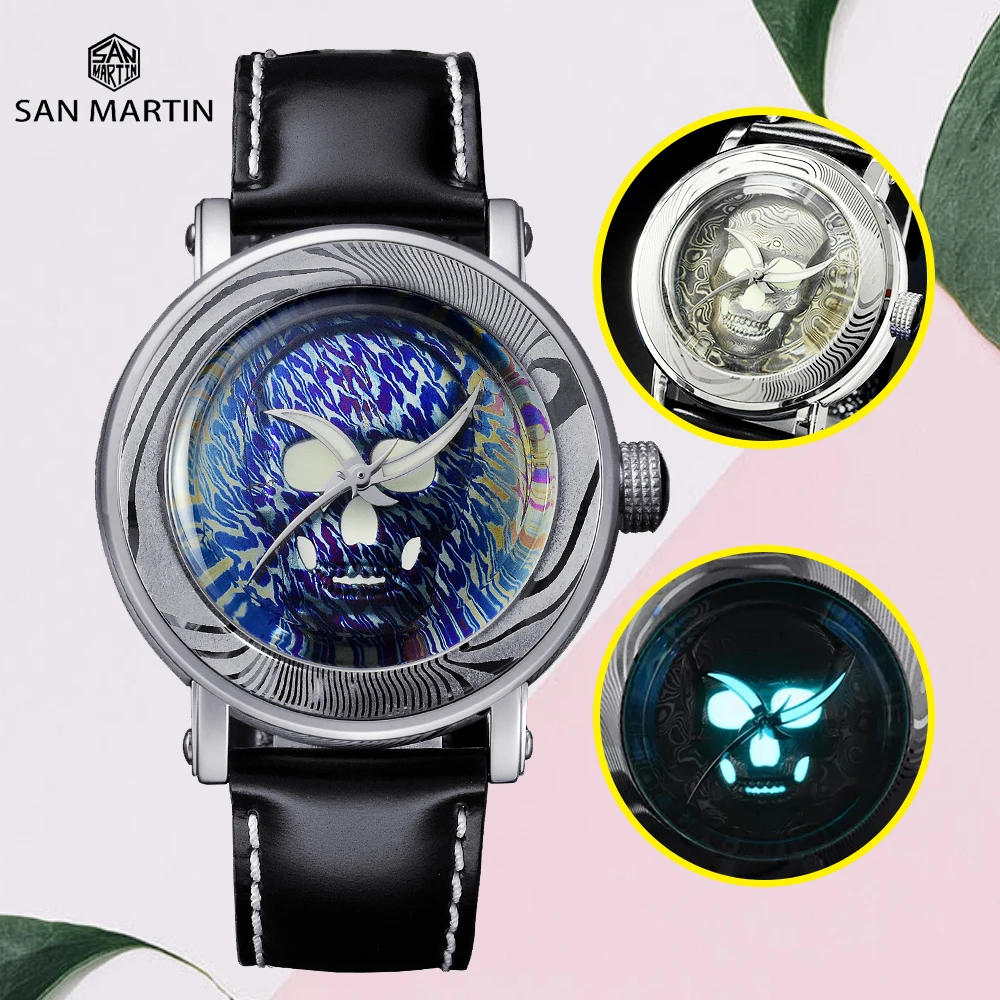 

San Martin Diver SW200 Men Automatic Mechanical Watch Skeleton Case Back Leather Luminous Luxury Limited Skull Damascus Steel