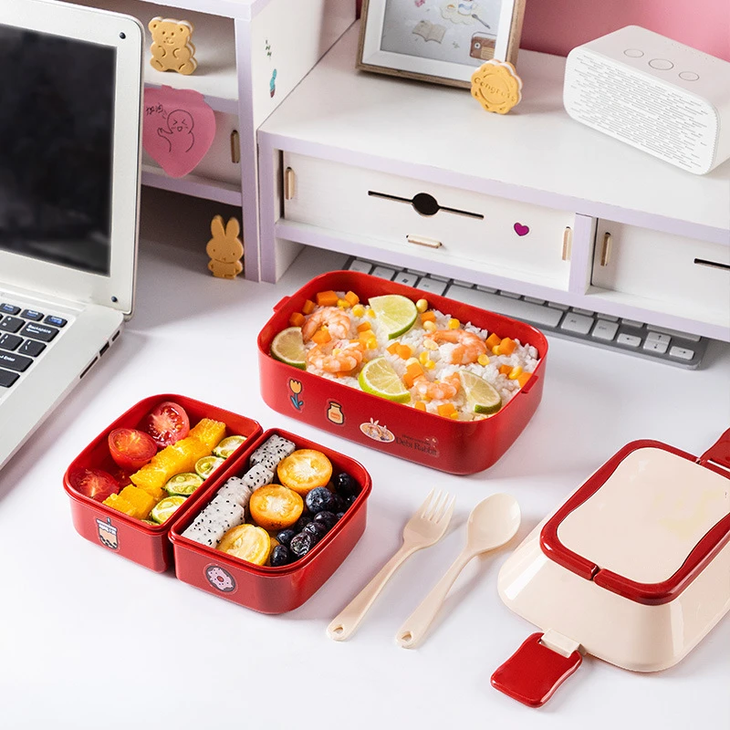 

Japanese-Style Double Layer Lunch Bento Box Cute Stickers Food Fresh-Keeping Storage Box Separated Seal Container With Tableware