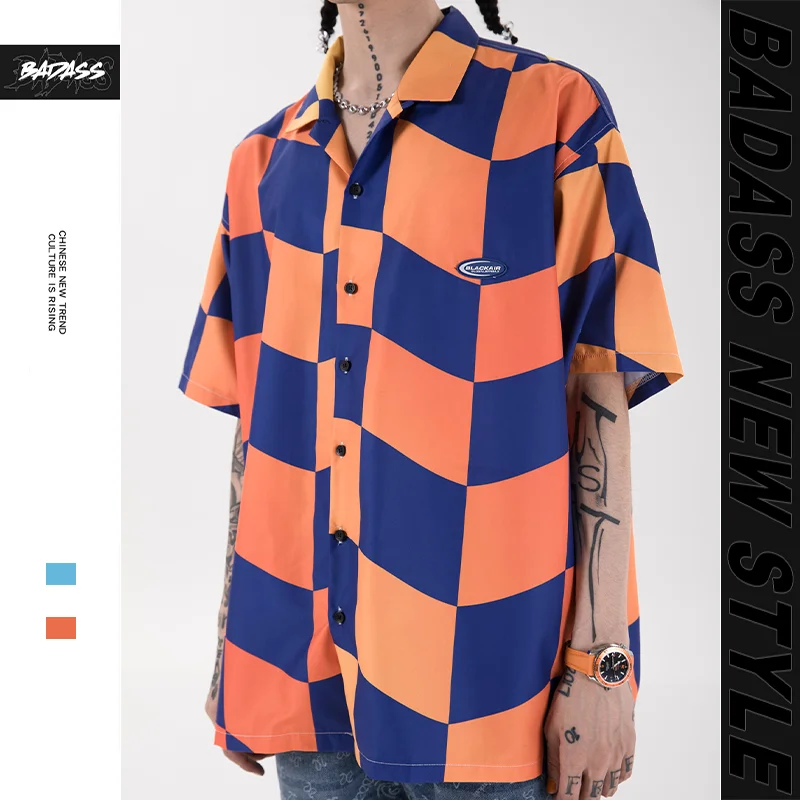 

Mens Chinese Style Shirts Streetwear 2021 Summer Fashion Plaid Gradient Print Oversized Short Sleeve Shirts Male Tops