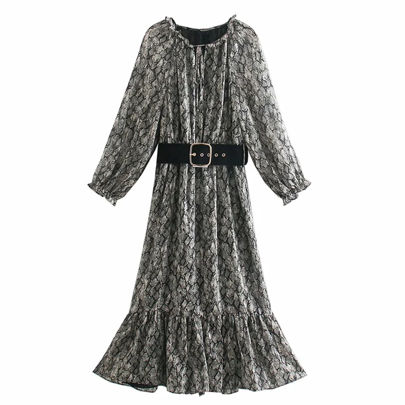 

2021 New Ladies Fashionable Belt Animal Print Midi Dress Women Spring Summer Casual O Neck Full Sleeve Long Dresses For Female