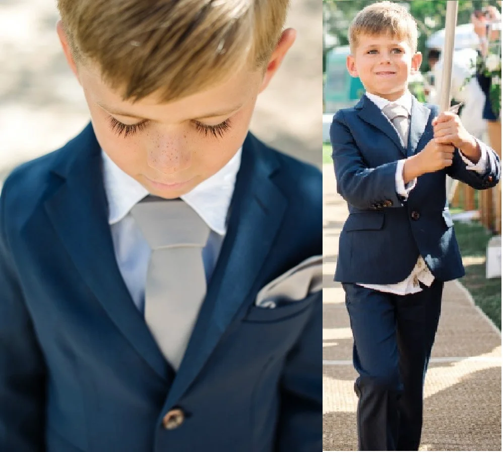 

Kids Boys Suits Naby Blue Flower Boy Blazers 2pcs Jacket+Pant Children Prince Wedding Costume Uniform Clothes Tuxedos Party Suit