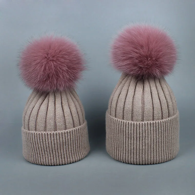

Winter Wool Beanie Hat With Real Fox Fur Pom Pom For Parent-child Knitted Hat Women Children Warm Casual Skullies Beanies Bones