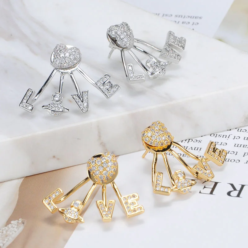 

Punk Crystal Planet Heart Dangle Drop Earrings Zircon CZ Love letter Saturn Back Hanging Stud Earrings for women Jewelry Gift