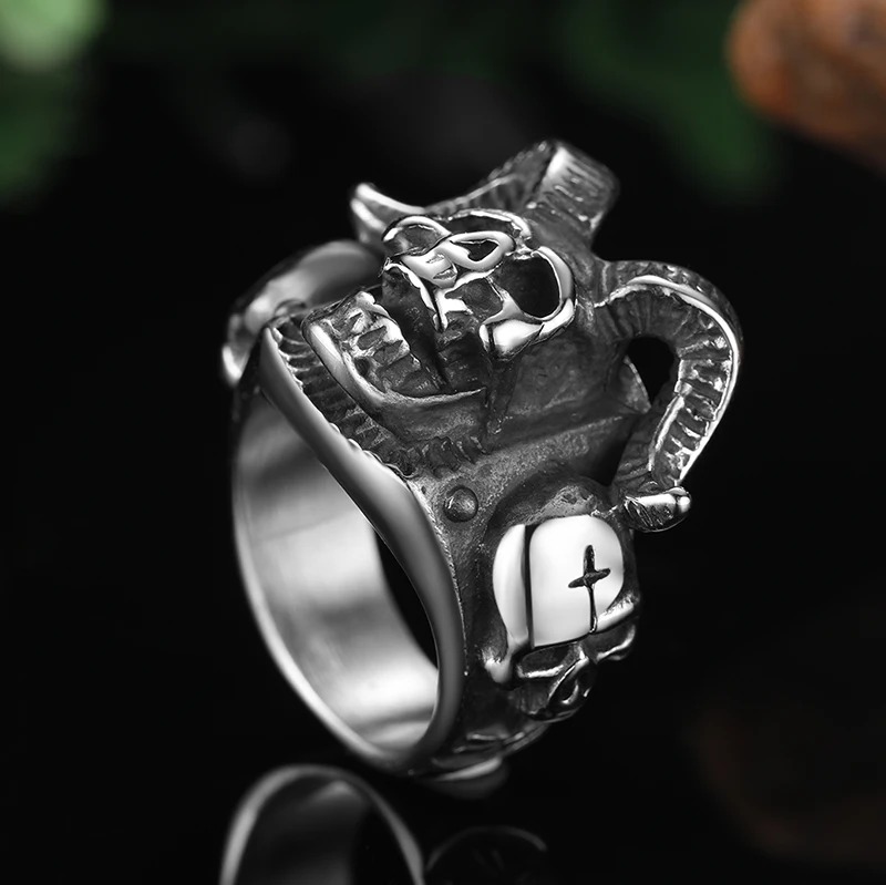 

Onlysda Freeshipping Gothic Stainless Steel Vintage Cross Azazel Satanic Evil Skull Ring For Man Punk Jewelry Halloween Party