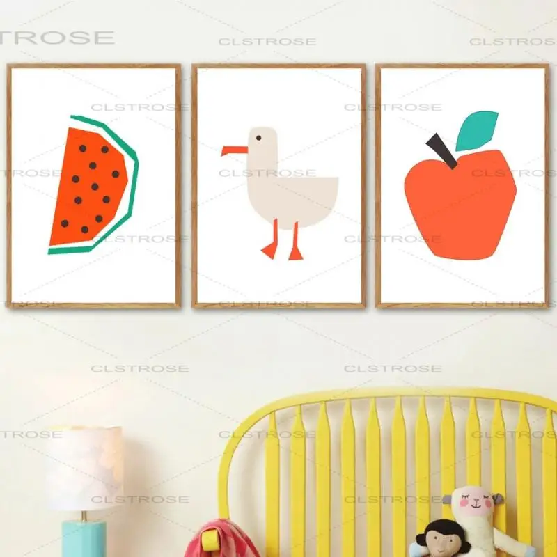 

Abstract Minimalist Cartoon Apple Duck Watermelon Home Cute Decoration Wall Painting Modern Living Room Canvas Printing Poster