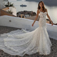 traugel sexy backless sweetheart lace mermaid wedding dresses spaghetti straps appliques beaded chapel train trumpet bridal gown